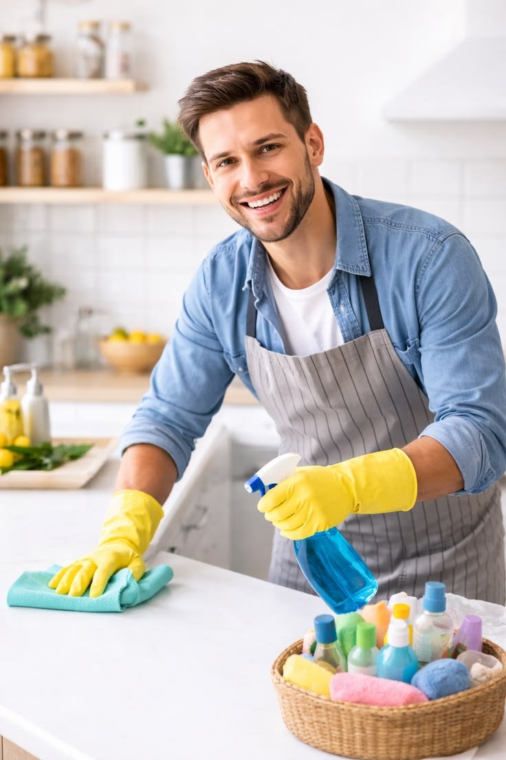 Clean Casa professional cleaner at work in a bright kitchen